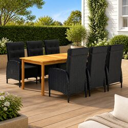 7 Piece Garden Dining Set Black Acacia Wood Steel Frame PE Rattan Chairs Table