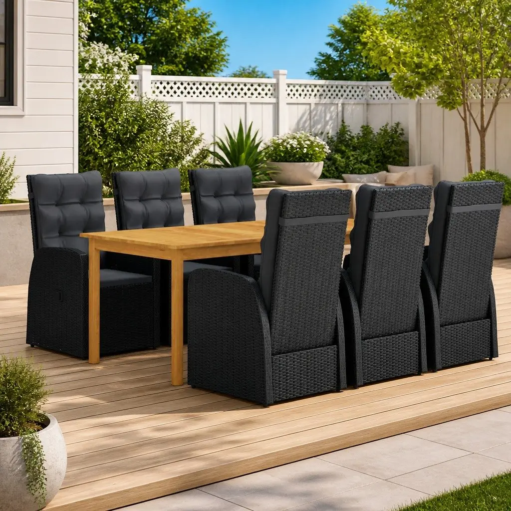 Outdoor Dining Set Acacia Wood Table Powder-coated Steel Frame 7 Piece Black