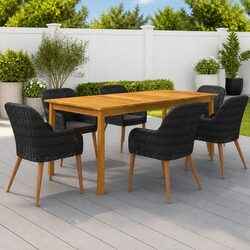 7 Piece Garden Dining Set Black Acacia Wood Table Rattan Chairs Outdoor