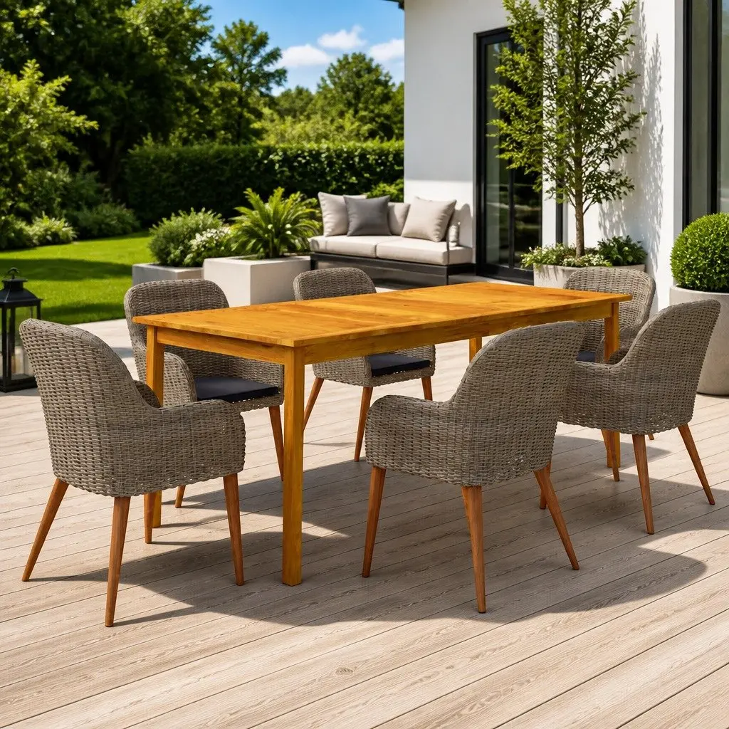 Garden Dining Set 7 Piece Brown Acacia Wood Table Rattan Chairs Outdoor