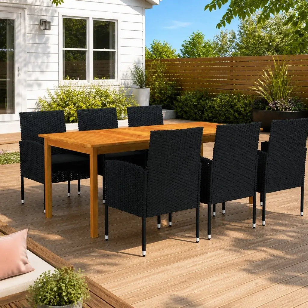 7 Piece Garden Dining Set Acacia Wood Table Black Powder-Coated Steel Chairs Weather-Resistant PE Rattan