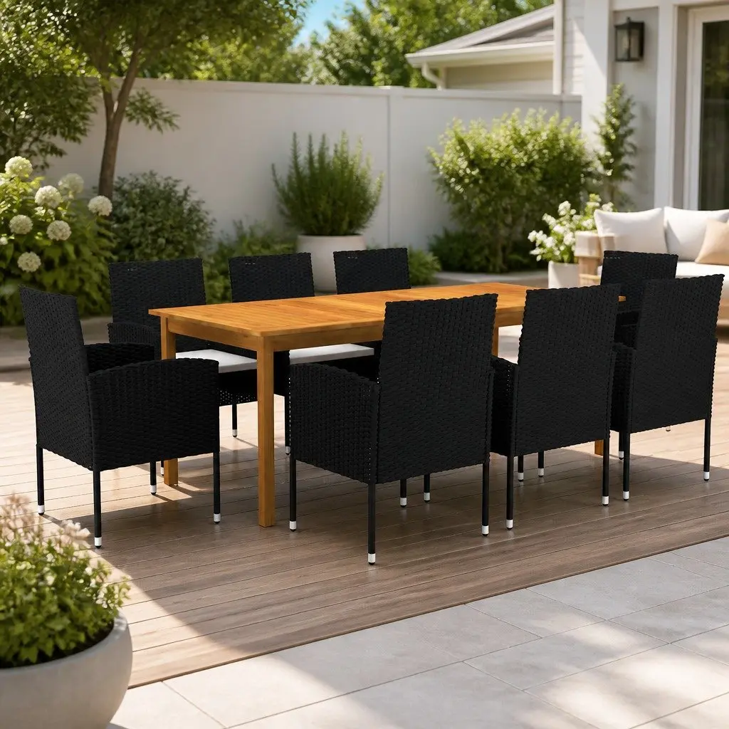 9 Piece Outdoor Garden Dining Set Acacia Wood Table Steel Frame Chairs Black
