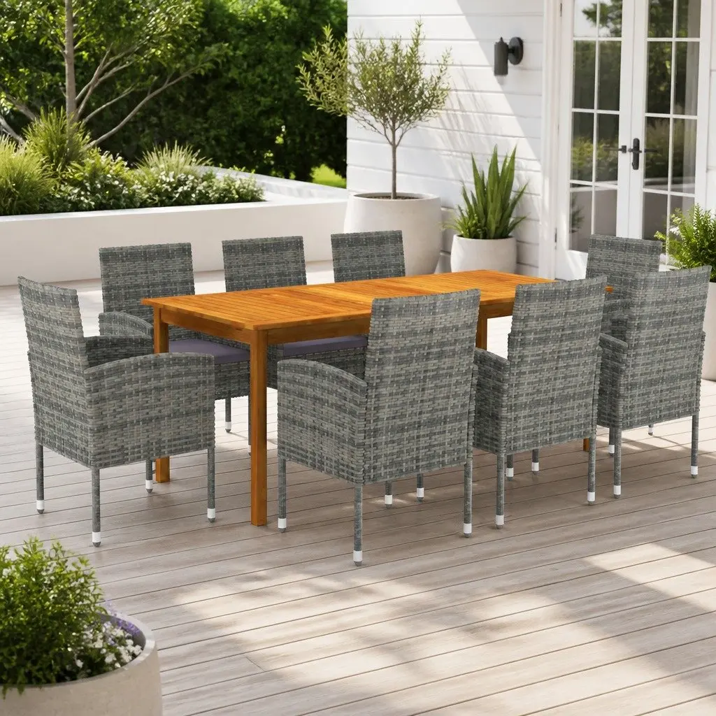 9 Piece Outdoor Dining Set Acacia Wood Table Steel Frame PE Rattan Chairs Grey