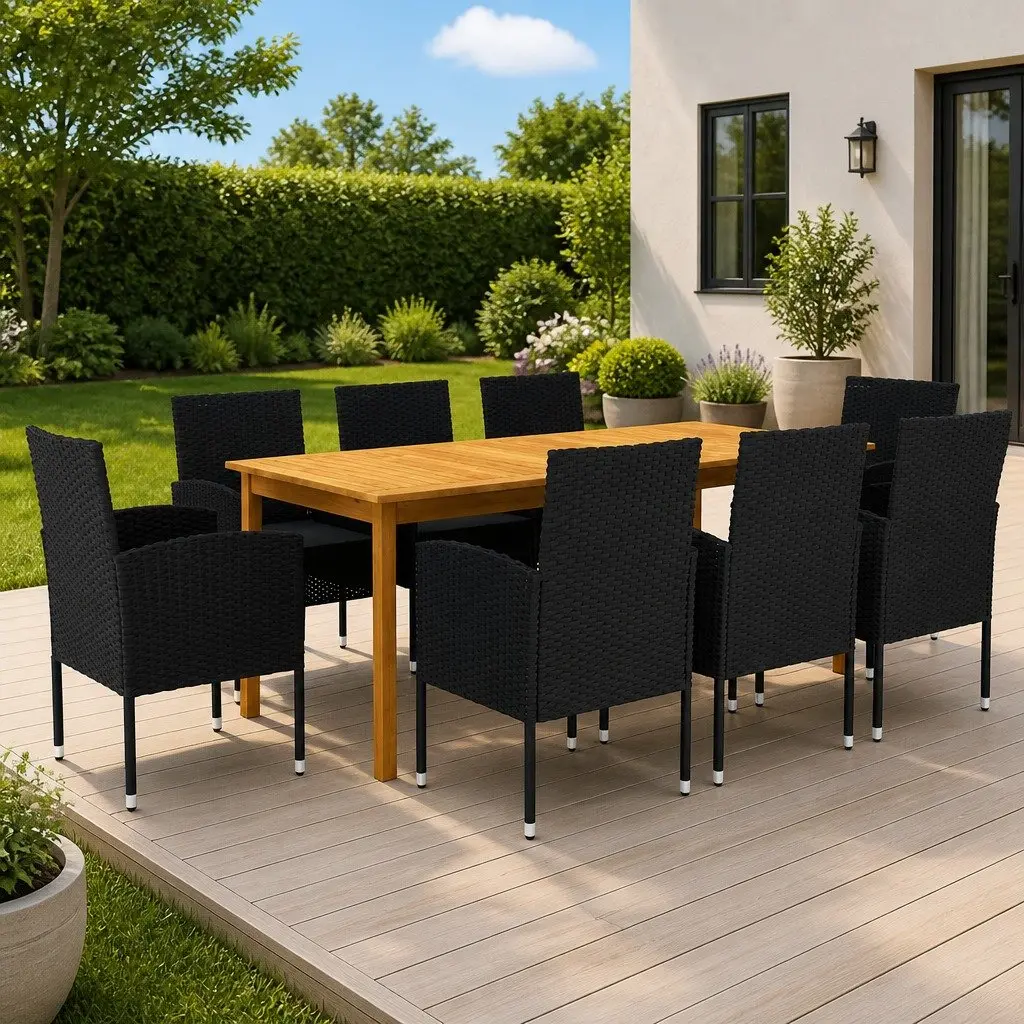 Outdoor Dining Set Acacia Wood Table 8 Chairs PE Rattan Black 9 Piece