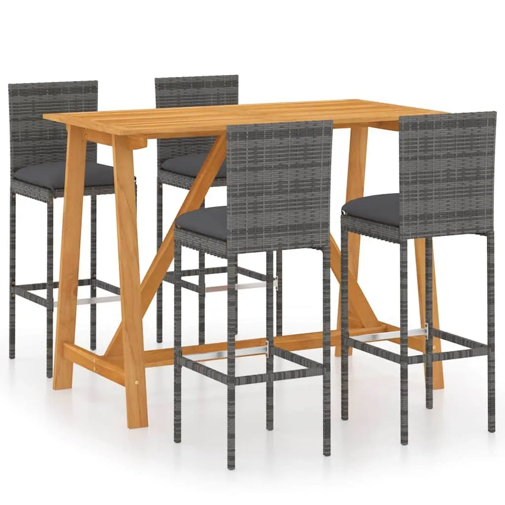 Garden Bar Set Solid Acacia Wood Powder-Coated Steel 5 Piece Outdoor Patio Furniture Grey with Cushions