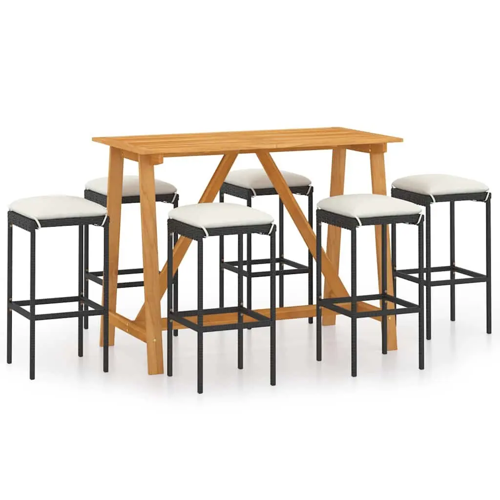 Garden Bar Set Acacia Wood Steel Frame 7 Piece Outdoor Furniture Black with Cushions