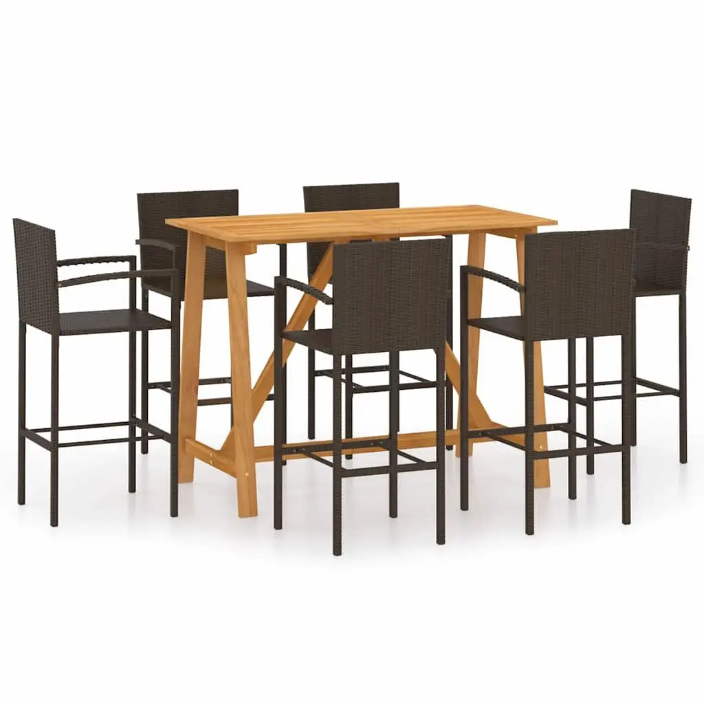 7 Piece Outdoor Bar Set Weather-Resistant PE Rattan Brown Acacia Wood Steel Patio Furniture