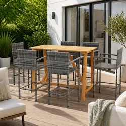 7 Piece Garden Bar Set Grey Outdoor Patio Furniture Table Stools Rattan
