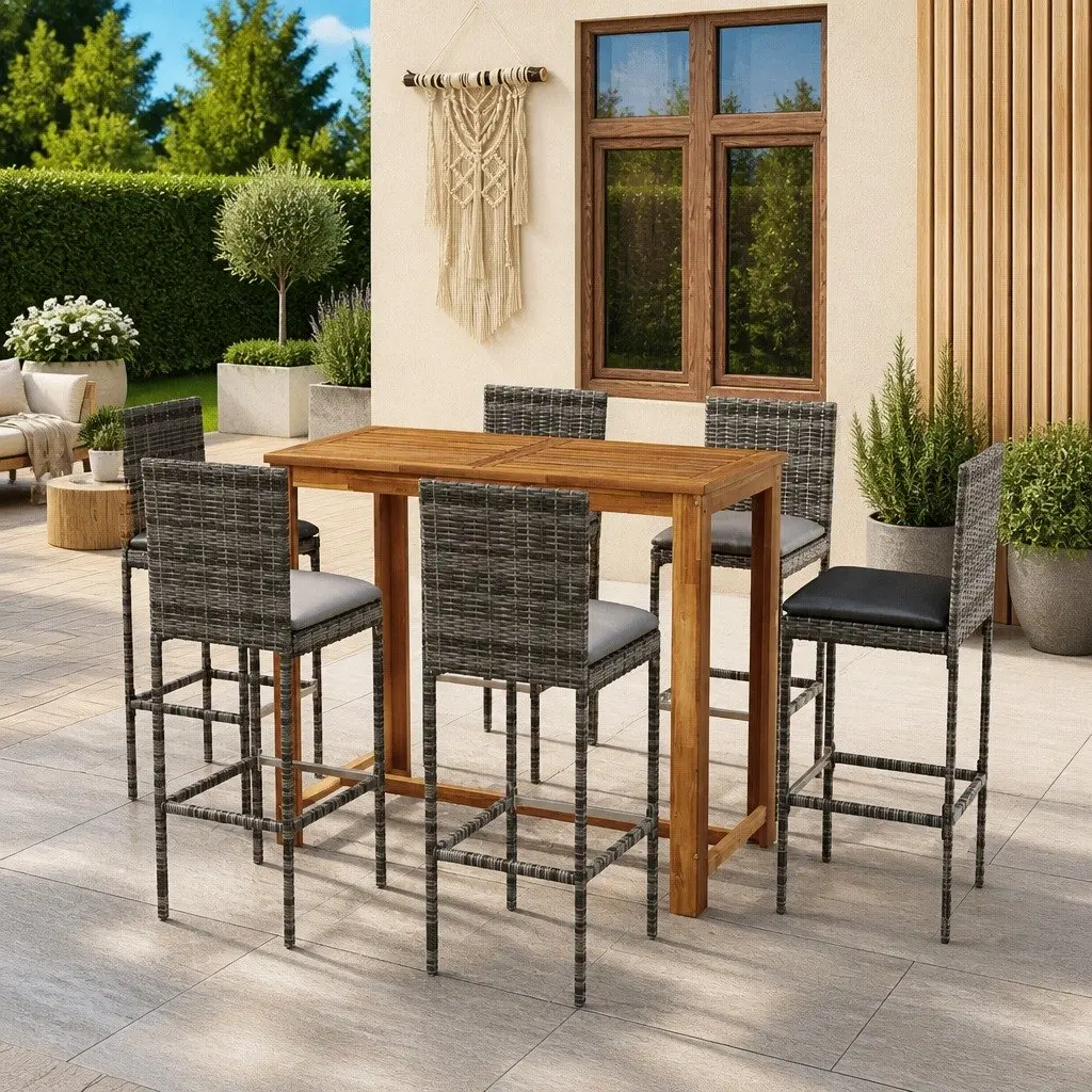 7 Piece Garden Bar Set Acacia Wood Table Rattan Stools Brown