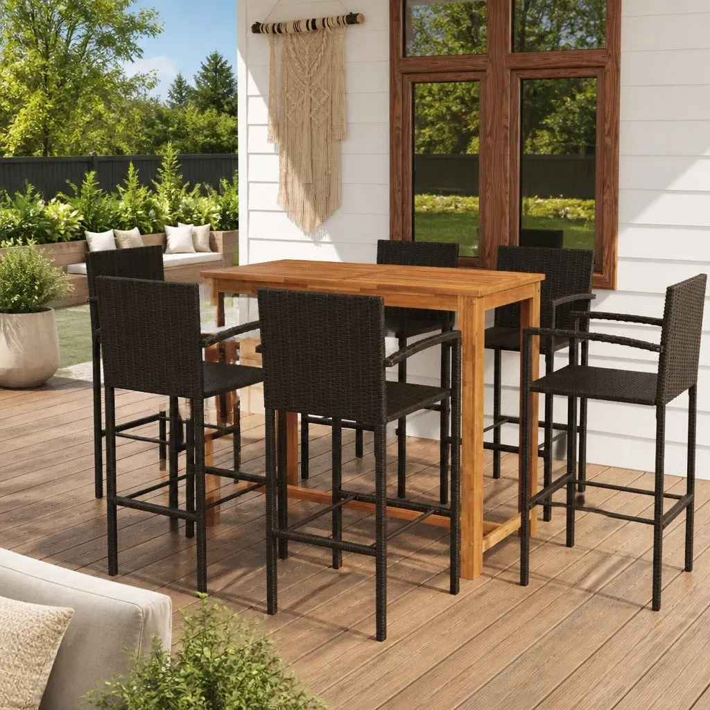 Garden Bar Set Solid Acacia Wood Powder-Coated Steel 7 Piece Brown