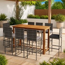 Garden Bar Set 9 Piece Outdoor Furniture Patio Dining Table Stools Cushions Grey
