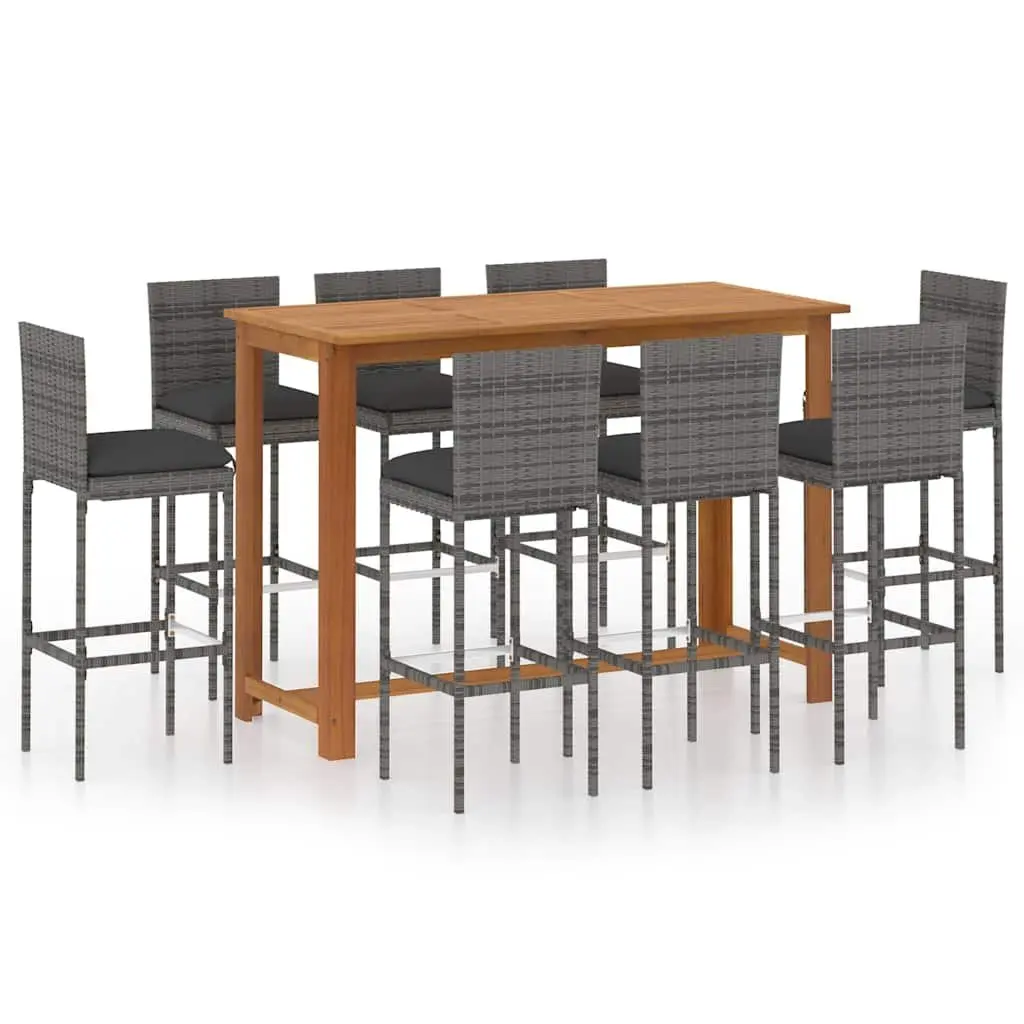 Garden Bar Set 9 Piece Solid Acacia Wood Powder-Coated Steel Weather-Resistant PE Rattan Cushions Grey