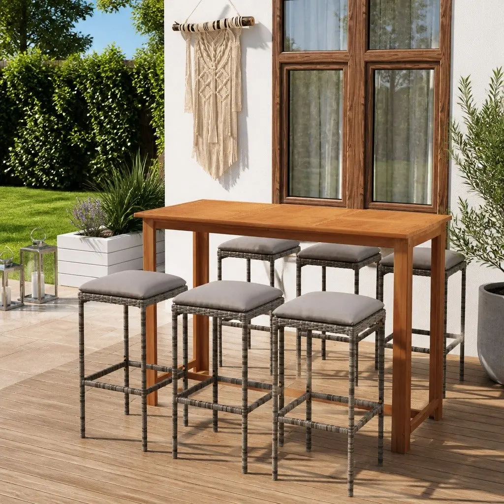 Garden Bar Set Acacia Wood Table Steel Frame Bar Stools with Cushions 7 Piece Grey