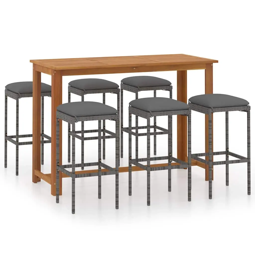 Garden Bar Set Acacia Wood Table Steel Frame Bar Stools with Cushions 7 Piece Grey