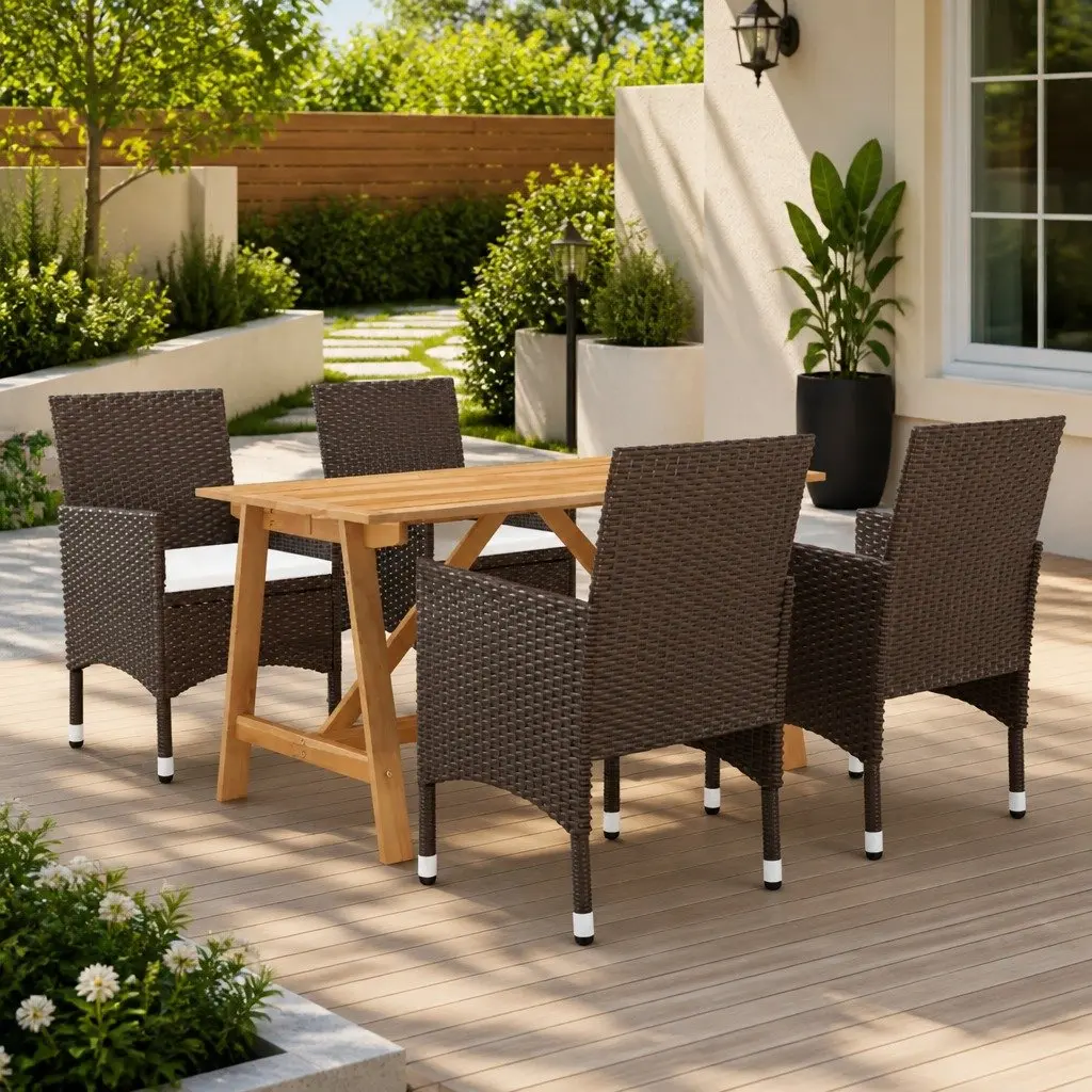 5 Piece Garden Dining Set Acacia Wood Steel Frame PE Rattan Brown