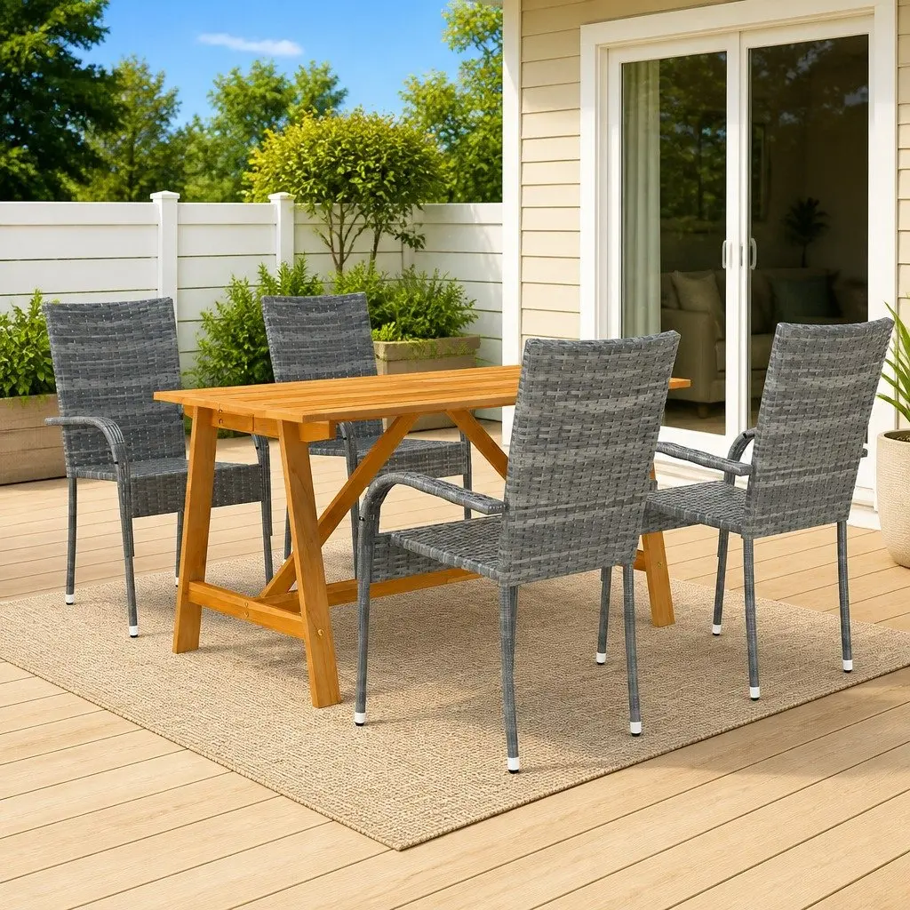 5 Piece Outdoor Dining Set Acacia Wood Table Grey Powder Coated Steel Chairs Weather Resistant PE Rattan
