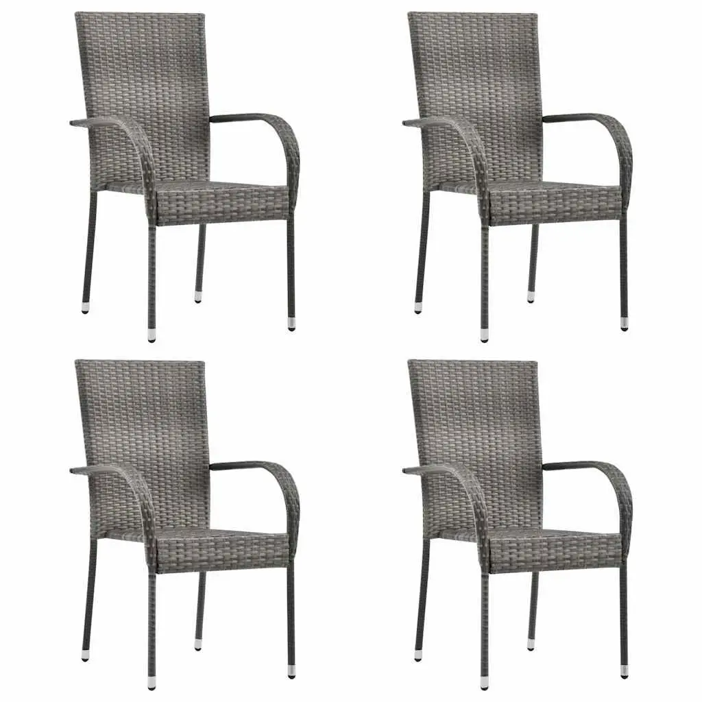 5 Piece Outdoor Dining Set Acacia Wood Table Grey Powder Coated Steel Chairs Weather Resistant PE Rattan