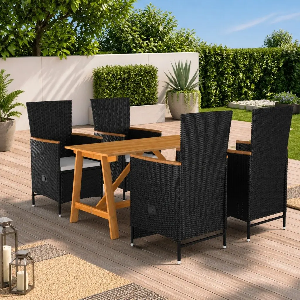 5 Piece Garden Dining Set Solid Acacia Wood Table Powder-coated Steel Frame Weather-resistant PE Rattan Reclining Chairs Black