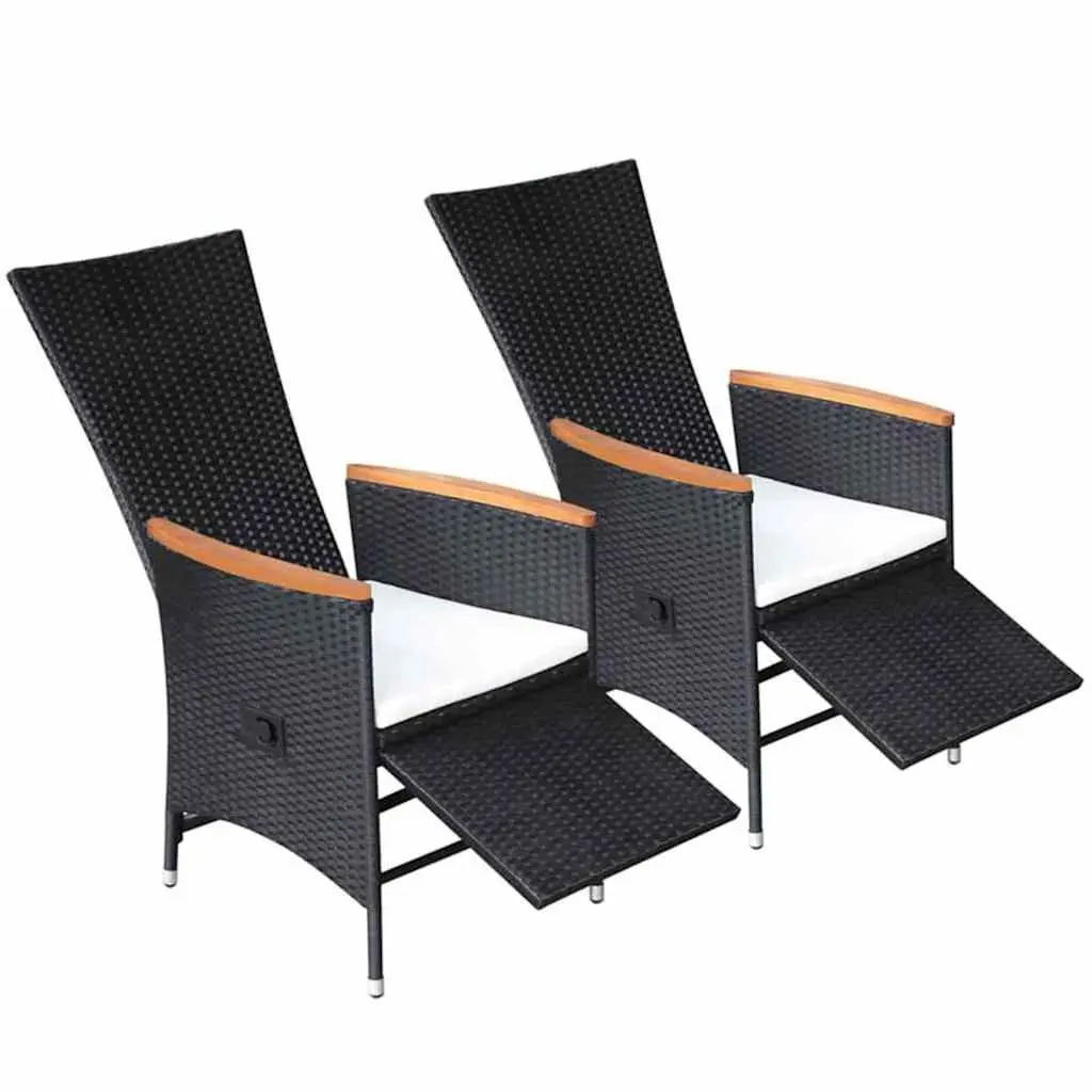 5 Piece Garden Dining Set Solid Acacia Wood Table Powder-coated Steel Frame Weather-resistant PE Rattan Reclining Chairs Black