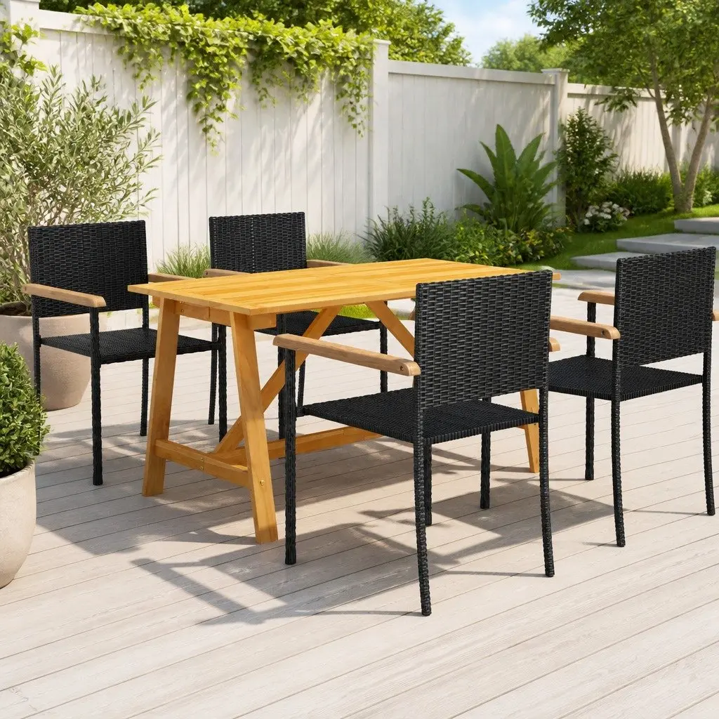 5 Piece Outdoor Dining Set Solid Acacia Wood Table Powder-coated Steel Frame Chairs Black