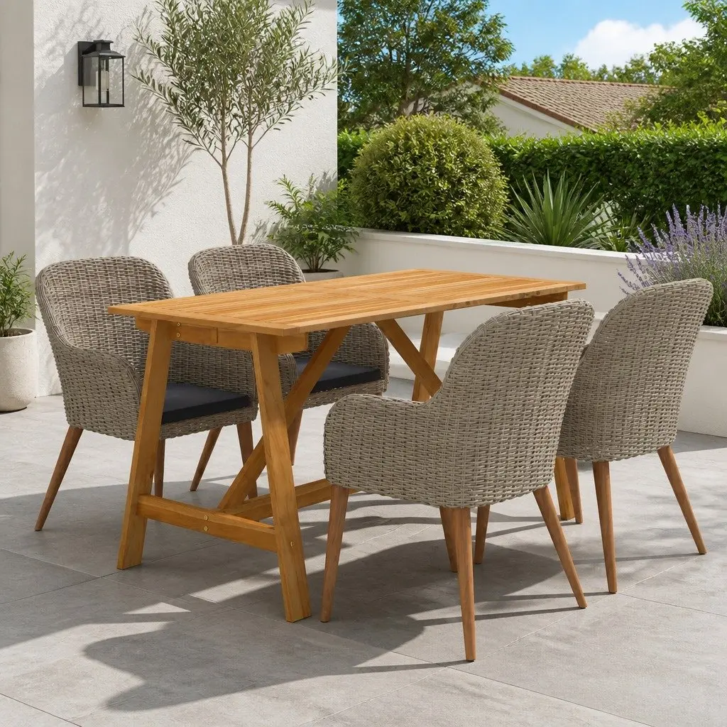 5 Piece Outdoor Dining Set Acacia Wood Table Steel Frame Chairs PE Rattan Brown