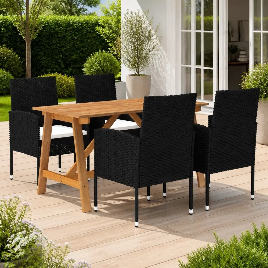 5 Piece Garden Dining Set Acacia Wood Table Steel Frame Chairs with Cushions Black