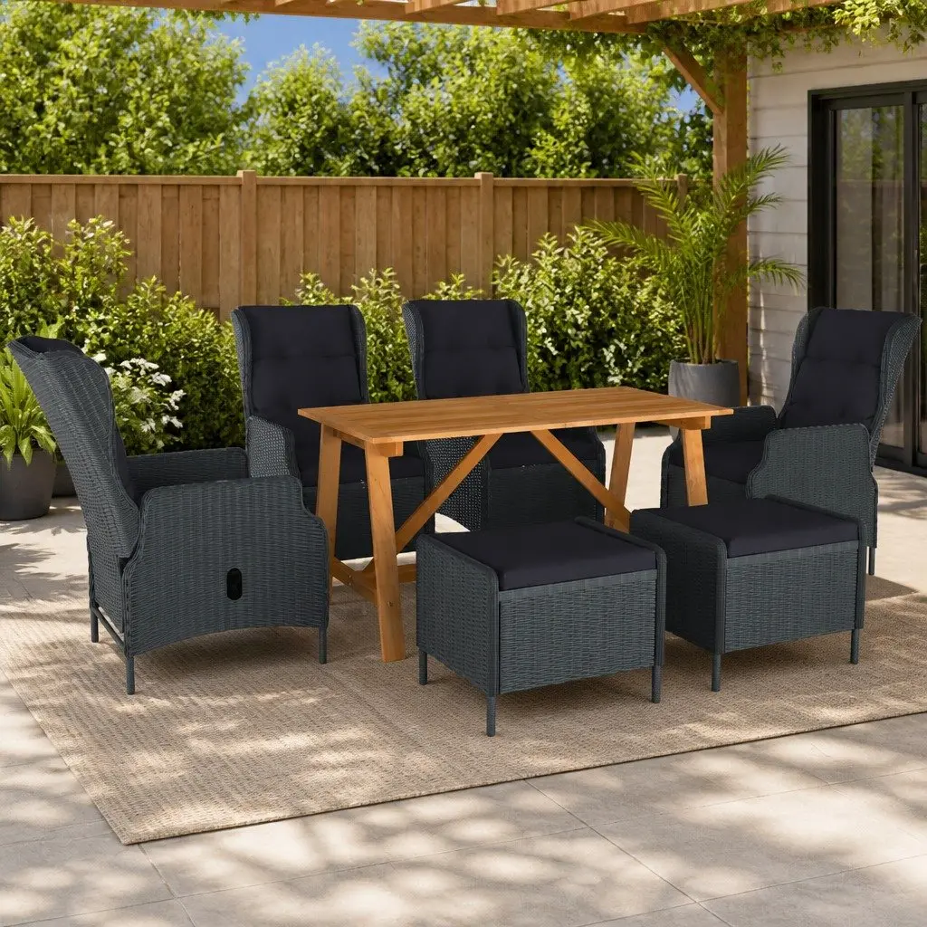 7 Piece Garden Dining Set Solid Acacia Wood Table Powder-coated Steel Chairs Stools PE Rattan Grey