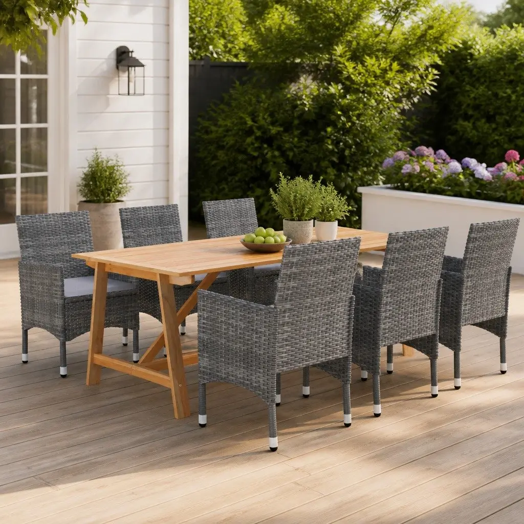 7 Piece Garden Dining Set Acacia Wood Table Powder-coated Steel Frame Chairs Grey Outdoor Furniture
