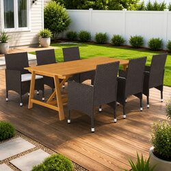 7 Piece Garden Dining Set Brown Acacia Wood Steel Frame PE Rattan Chairs