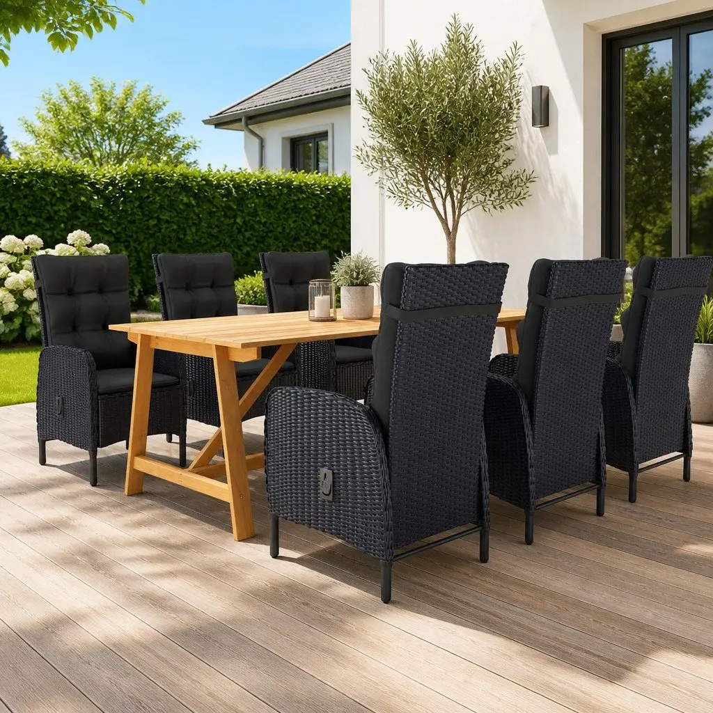 Garden Dining Set Acacia Wood Table PE Rattan Chairs 7 Piece Black