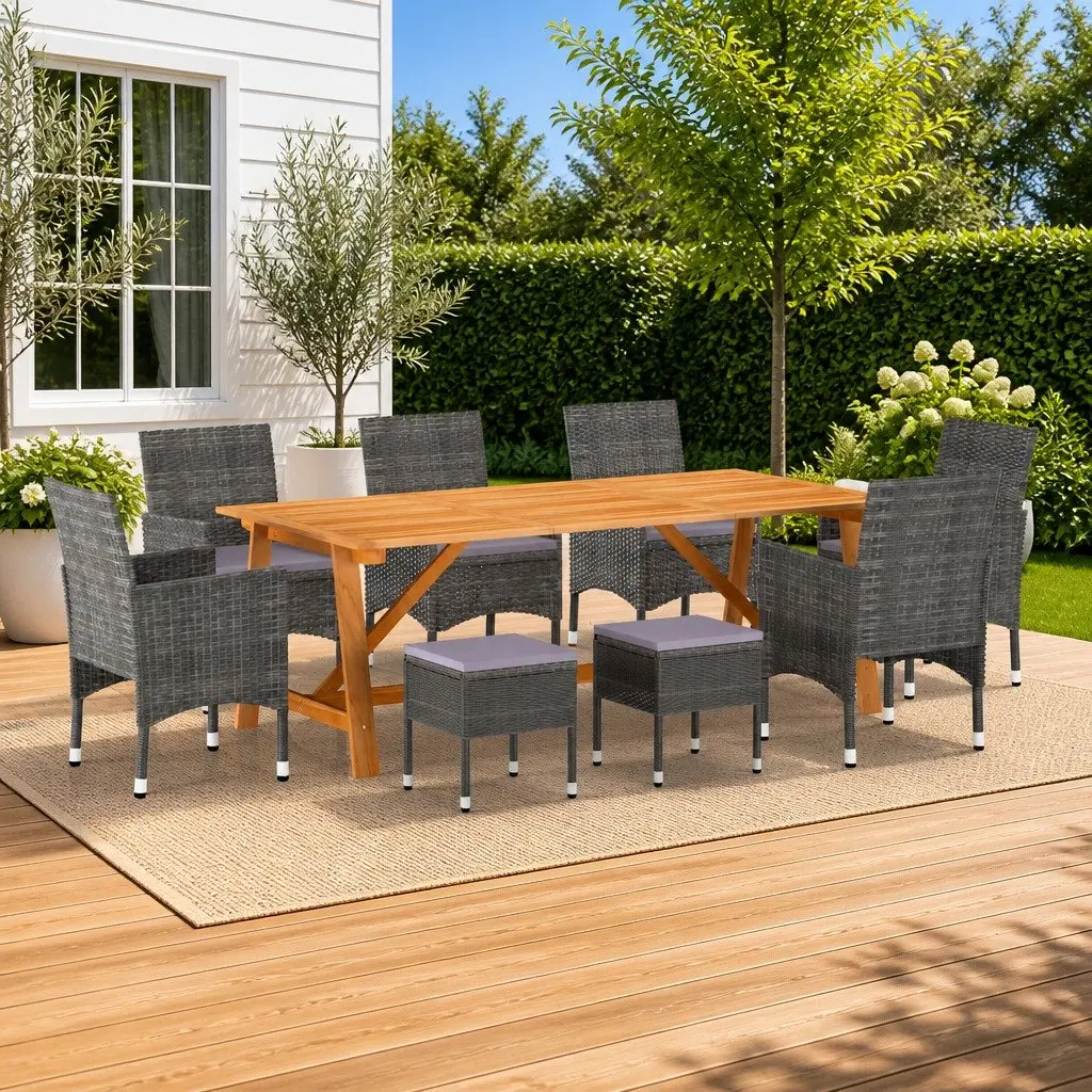 Garden Dining Set 9 Piece Outdoor Table Chairs Stools Grey Furniture
