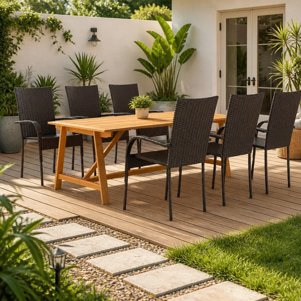 7 Piece Outdoor Dining Set Acacia Wood Table and Stackable Chairs Powder Coated Steel Frame Brown