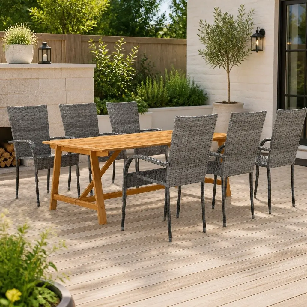 7 Piece Patio Dining Set Acacia Wood Table Steel Frame Chairs Grey Outdoor Furniture