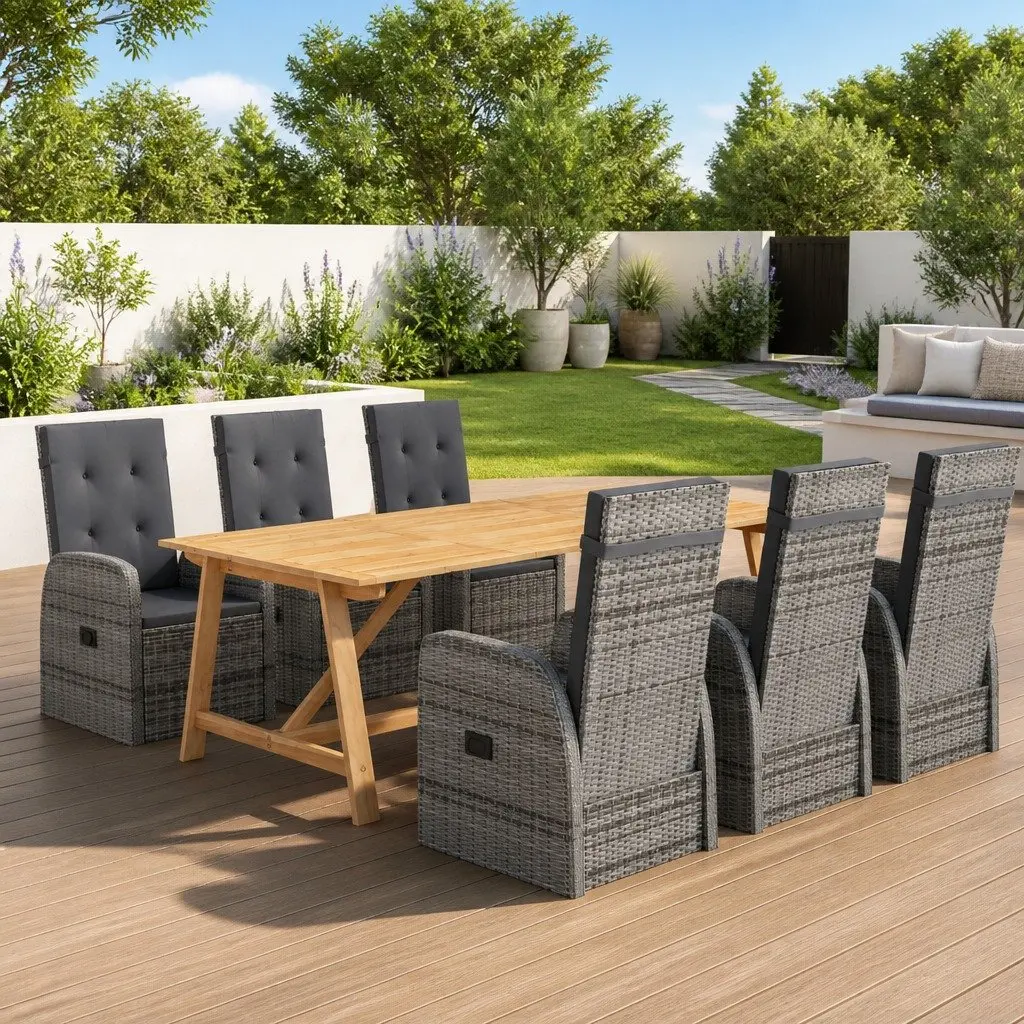 Garden Dining Set 7 Piece Acacia Wood Table Grey Rattan Chairs