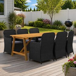 7 Piece Outdoor Garden Dining Set Black Acacia Wood Table Rattan Chairs Cushions