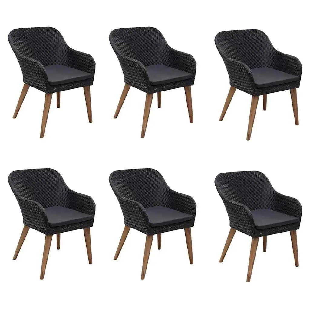 7 Piece Garden Dining Set Acacia Wood Table Powder-Coated Steel Rattan Chairs Black