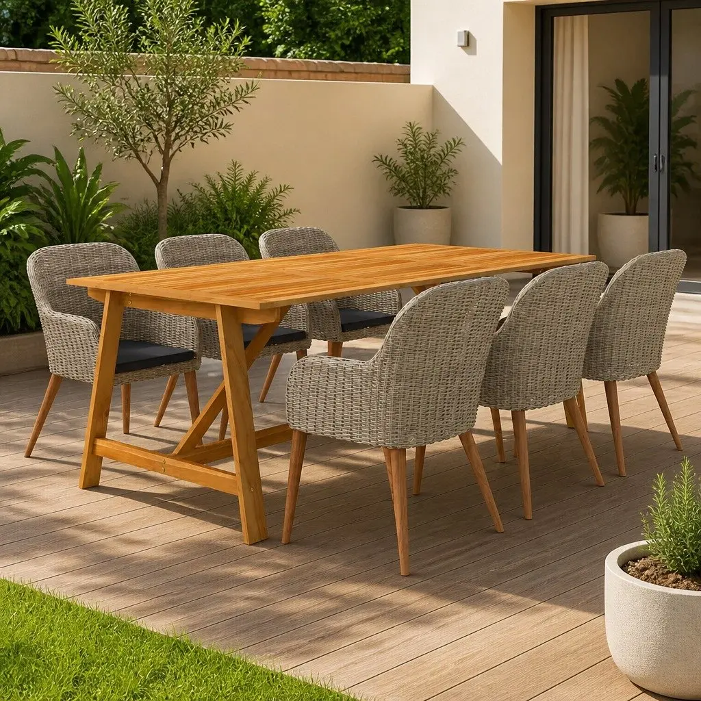 Garden Dining Set 7 Piece Outdoor Furniture Solid Acacia Wood Brown Table Powder-coated Steel Chairs PE Rattan