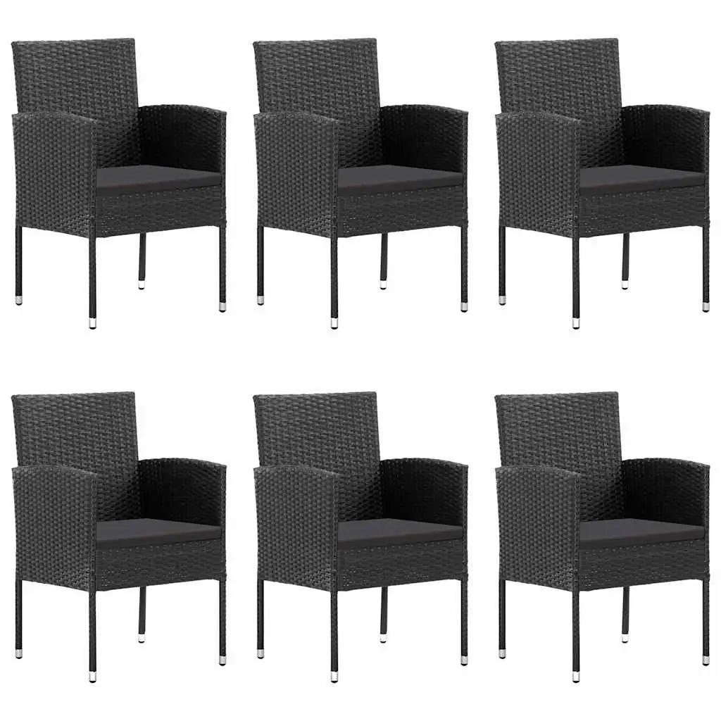 7 Piece Acacia Wood Dining Set with Steel Frame Black Rattan Chairs and Cushions