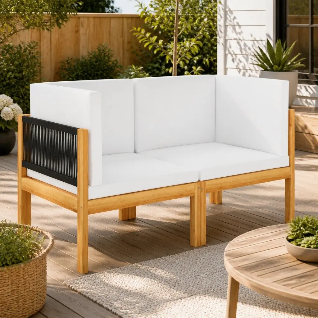 2-Seater Garden Bench Rope Weave Backrest Outdoor Seating Cream Cushions