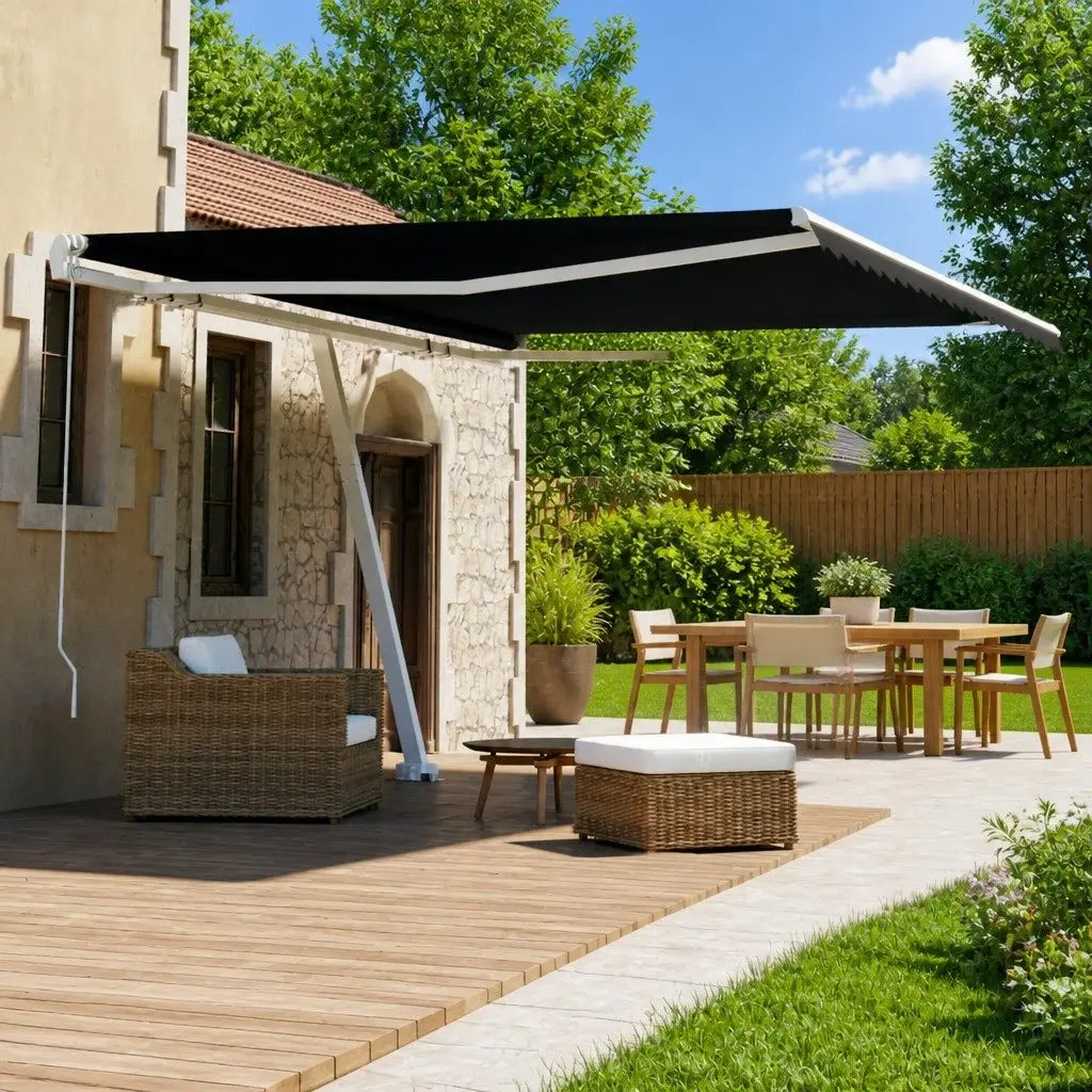 Retractable Freestanding Awning Anthracite 400x300cm Adjustable Height Manual Crank Water and UV Resistant Polyester Fabric