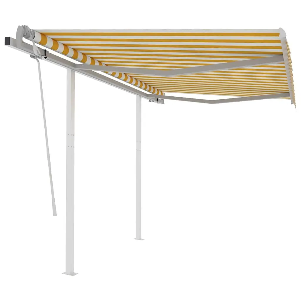 Retractable Awning with Posts Aluminium Yellow White 3x2.5m Patio Shade Manual Operation
