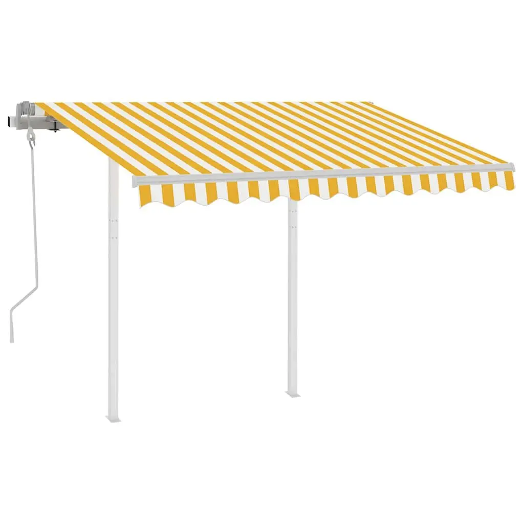 Retractable Awning with Posts Aluminium Yellow White 3x2.5m Patio Shade Manual Operation