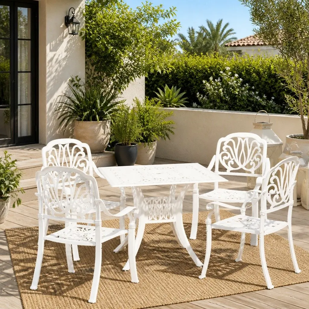 5 Piece Bistro Set White Cast Aluminium Outdoor Furniture Table with Umbrella Hole and Chairs