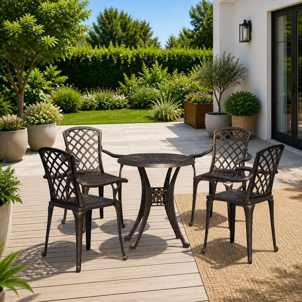 5 Piece Outdoor Dining Set Brown Cast Aluminium Garden Bistro Furniture with Umbrella Hole