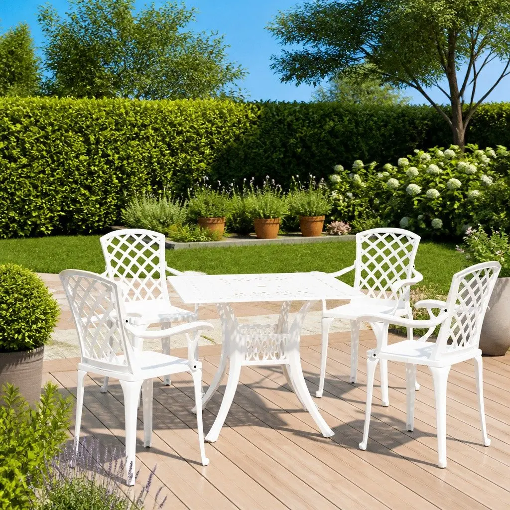 Outdoor Bistro Set Cast Aluminium 5 Piece White Garden Furniture