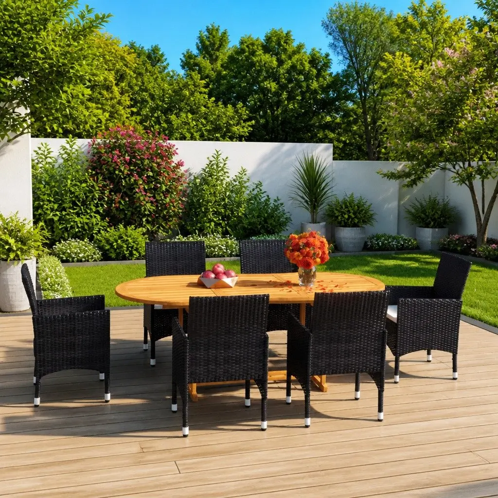 7 Piece Garden Dining Set Acacia Wood Table Steel Frame Chairs PE Rattan Black