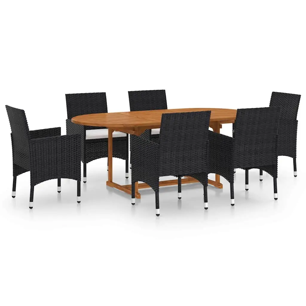 7 Piece Garden Dining Set Acacia Wood Table Steel Frame Chairs PE Rattan Black