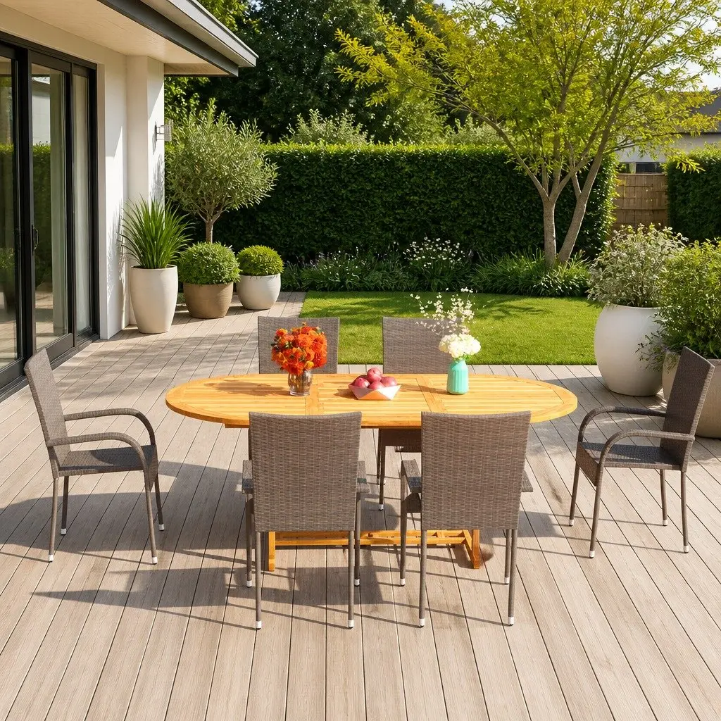 Garden Dining Set 7 Piece Outdoor Table Chairs Acacia Wood Steel Frame PE Rattan Brown
