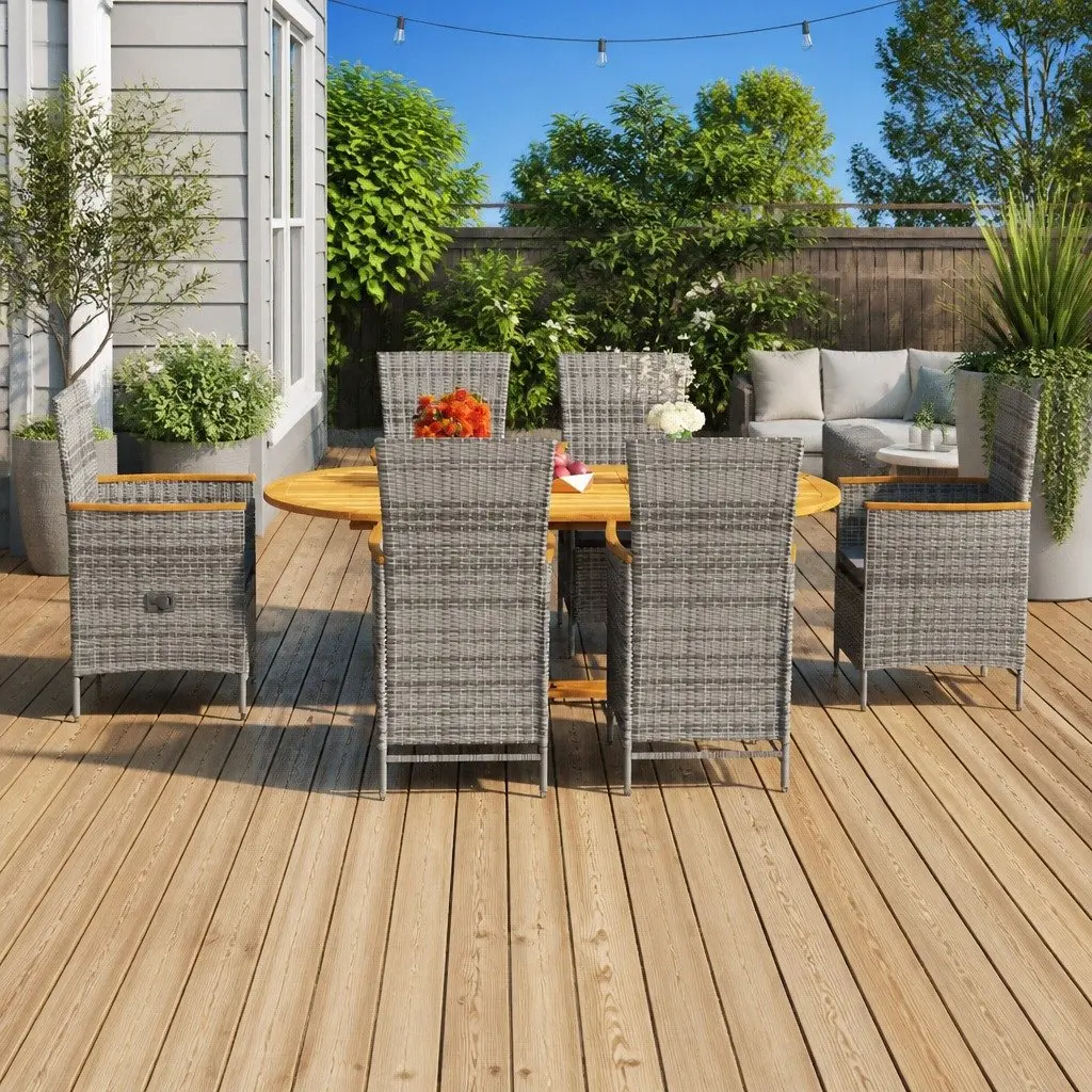 Garden Dining Set 7 Piece Acacia Wood Steel Frame Grey Weather Resistant PE Rattan