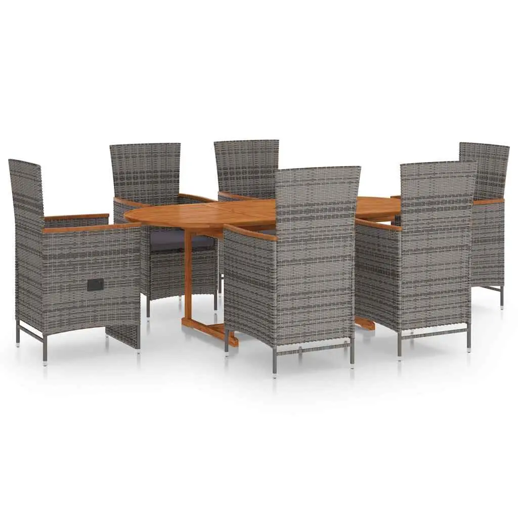 Garden Dining Set 7 Piece Acacia Wood Steel Frame Grey Weather Resistant PE Rattan